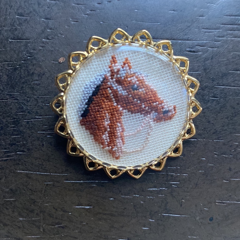 Petite Point Horse Cross Stitch Brooch Pendant Brooch - Picture 3 of 7
